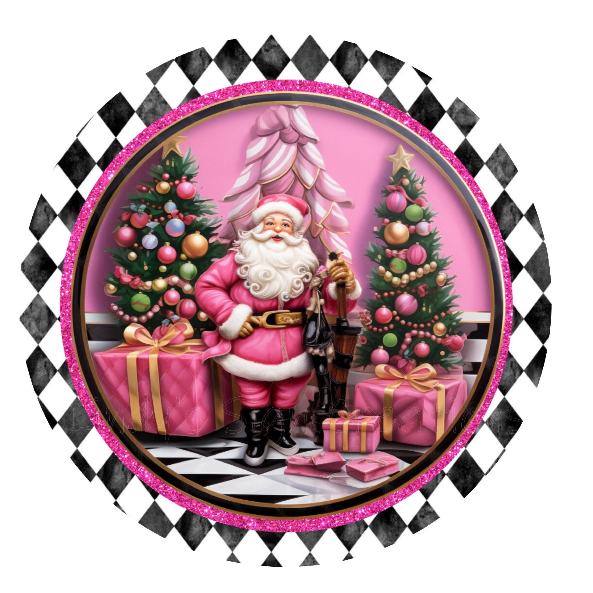 Pink santa with Christmas trees wreath sign, metal wreath sign, round wreath sign, home decor, Lindys sign creations