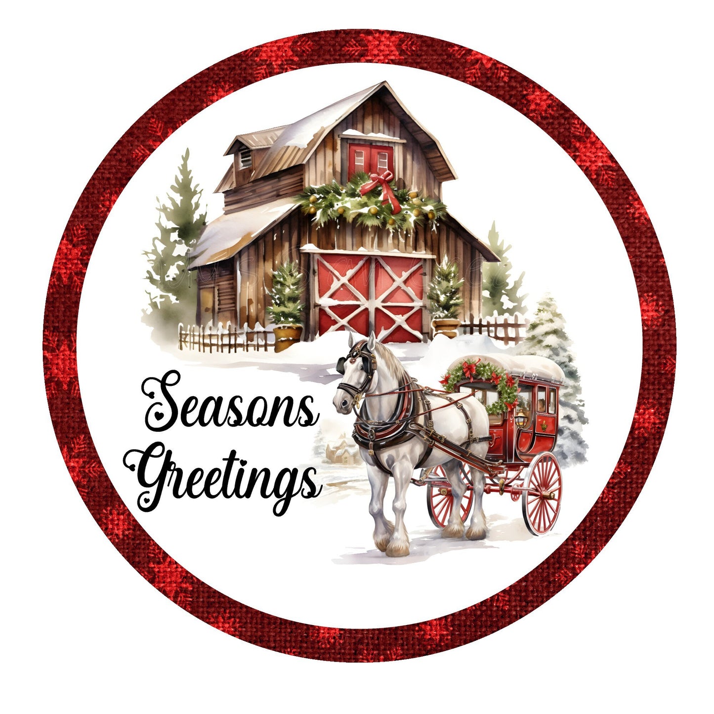 Seasons greetings horse and carriage wreath sign, farmhouse wreath sign, metal wreath sign, round wreath sign, Lindys sign creations