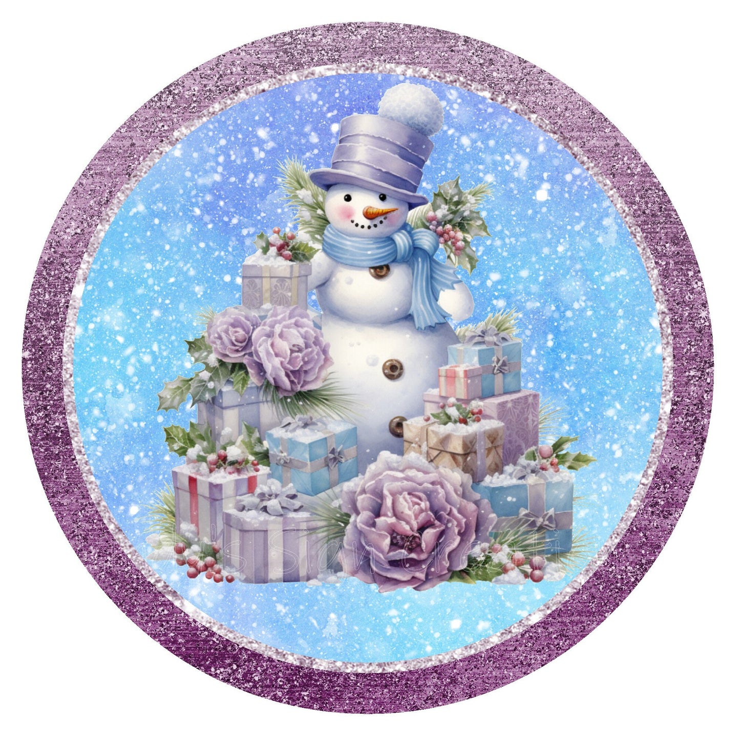 Purple and blue snowman with gifts wreath sign, metal wreath sign, Christmas signs, round wreath sign, Lindys sign creations