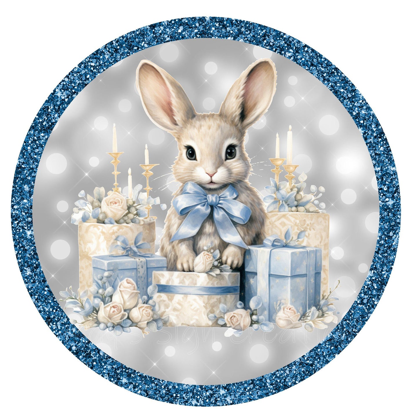 Blue bunny with gifts Christmas wreath sign, metal wreath sign, round wreath sign, door decor, Lindys sign creations