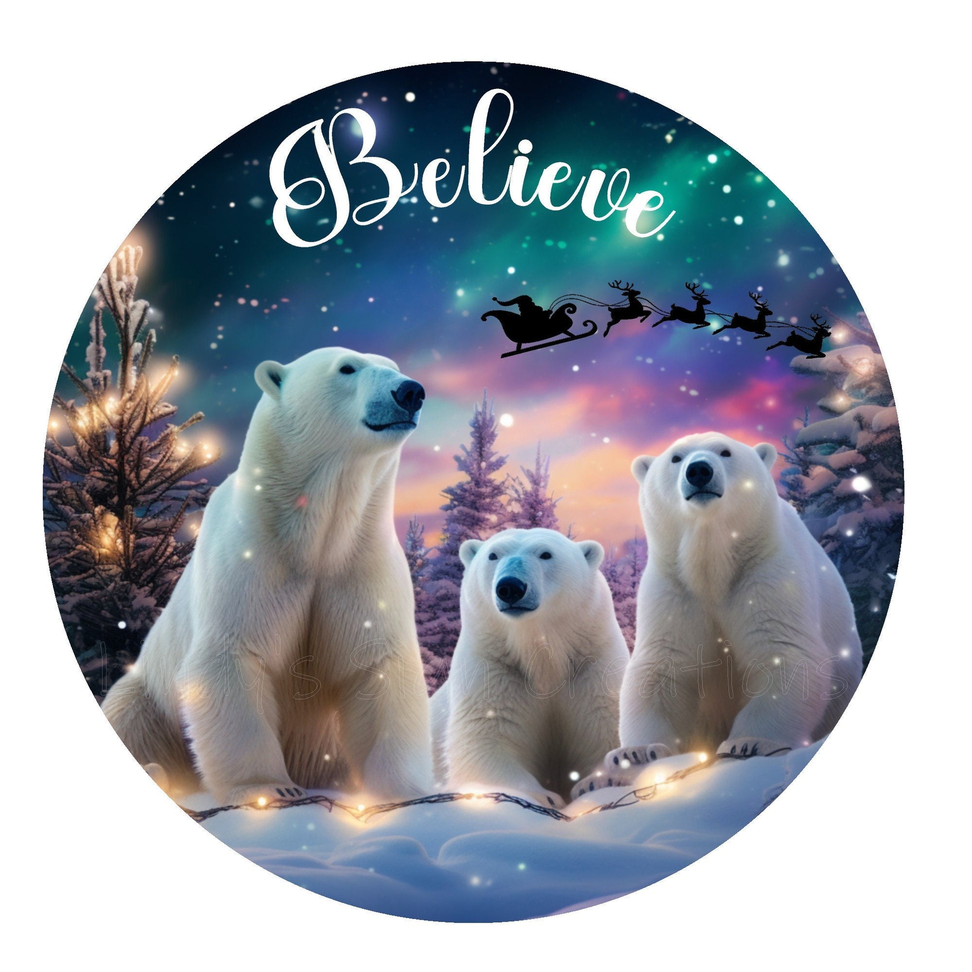 Polar bear believe Christmas wreath sign, metal wreath sign, round wreath sign, home decor, Lindys sign creations