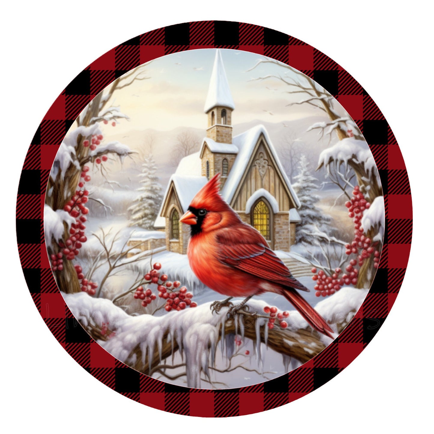 Winter cardinal and church wreath sign, metal wreath sign, round wreath sign, home decor, Lindys sign creations