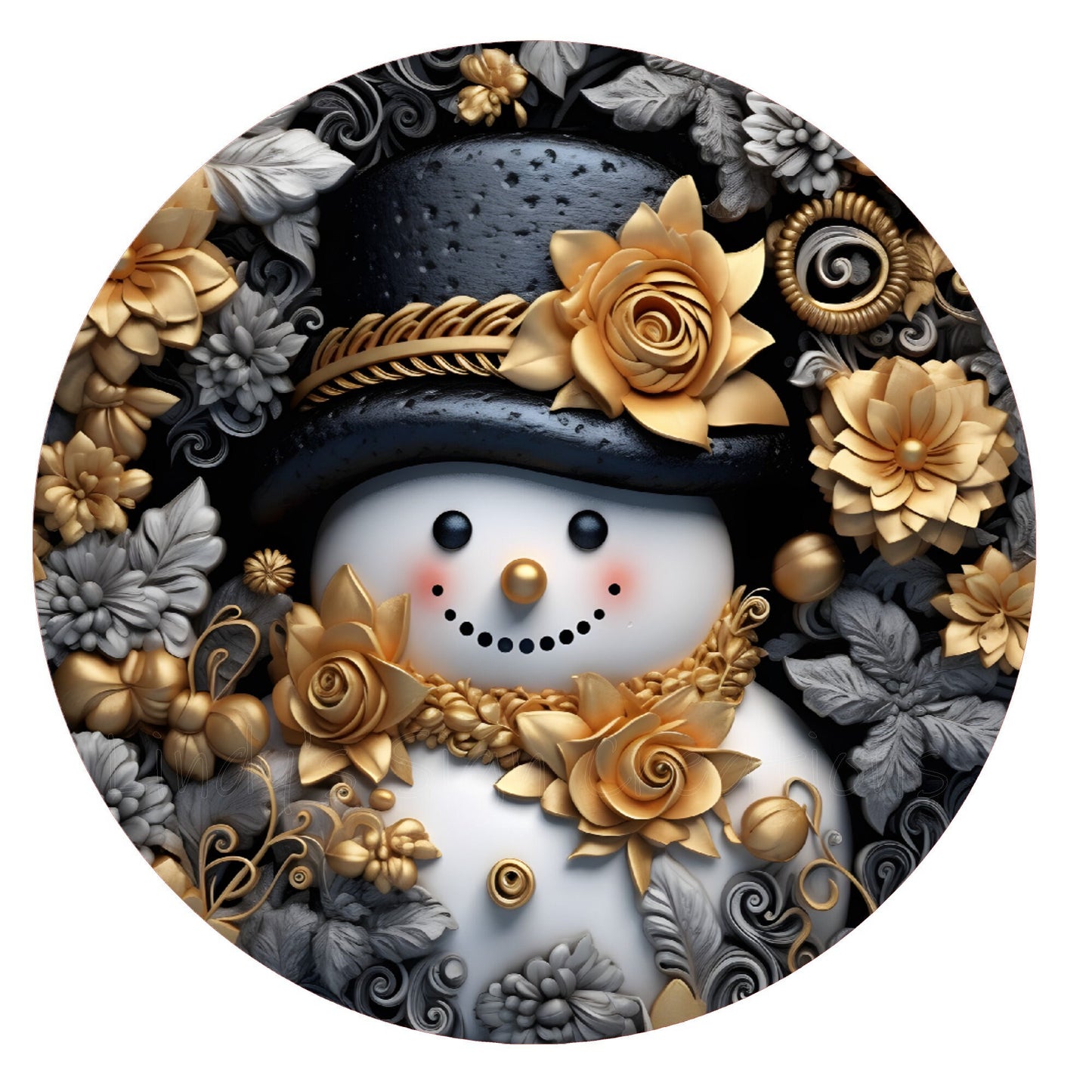 Snowman with gold flowers faux 3D wreath sign, metal wreath sign, round wreath sign, door decor, Lindys sign creations