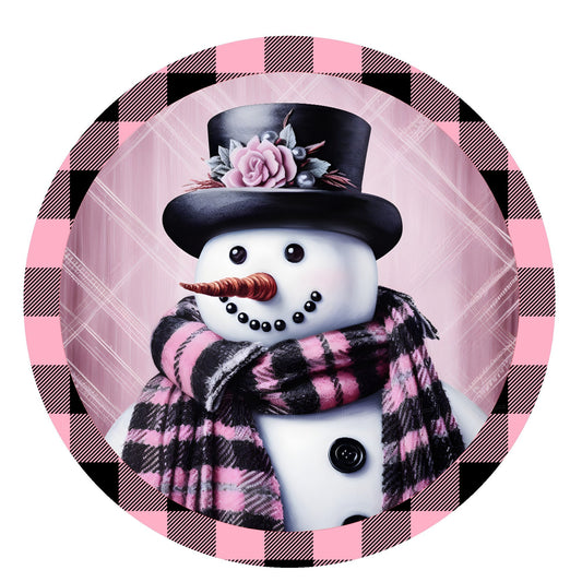 Snowman with pink and black scarf wreath sign, metal wreath sign, round wreath sign, home decor, Lindys sign creations