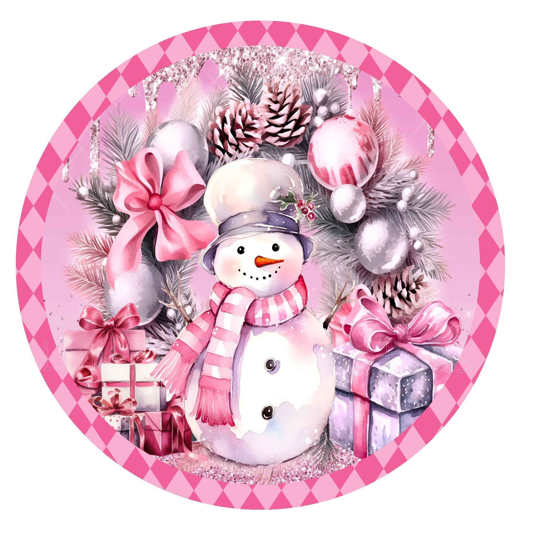 Pink snowman with gifts wreath sign, metal wreath sign, round wreath sign, home decor, Lindys sign creations