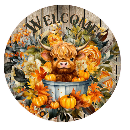 Round welcome sign with highland cow, pumpkins and florals wreath sign, metal wreath sign, Lindys sign creations