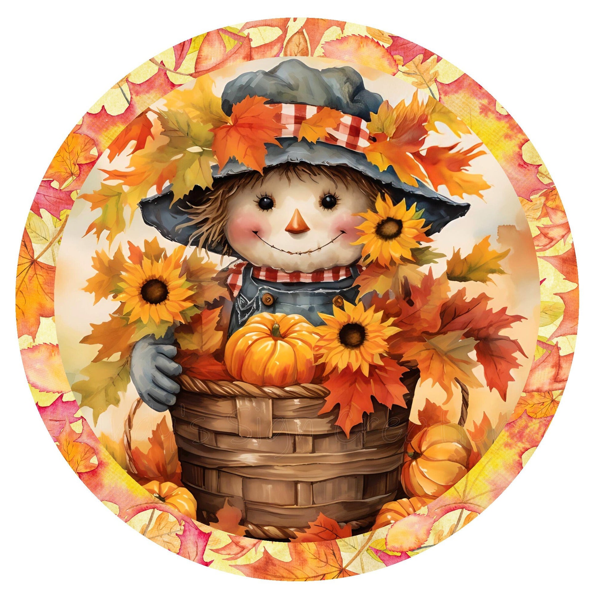 Scarecrow with pumpkins and sunflowers wreath sign, metal wreath sign, round wreath sign, door decor, Lindys sign creations