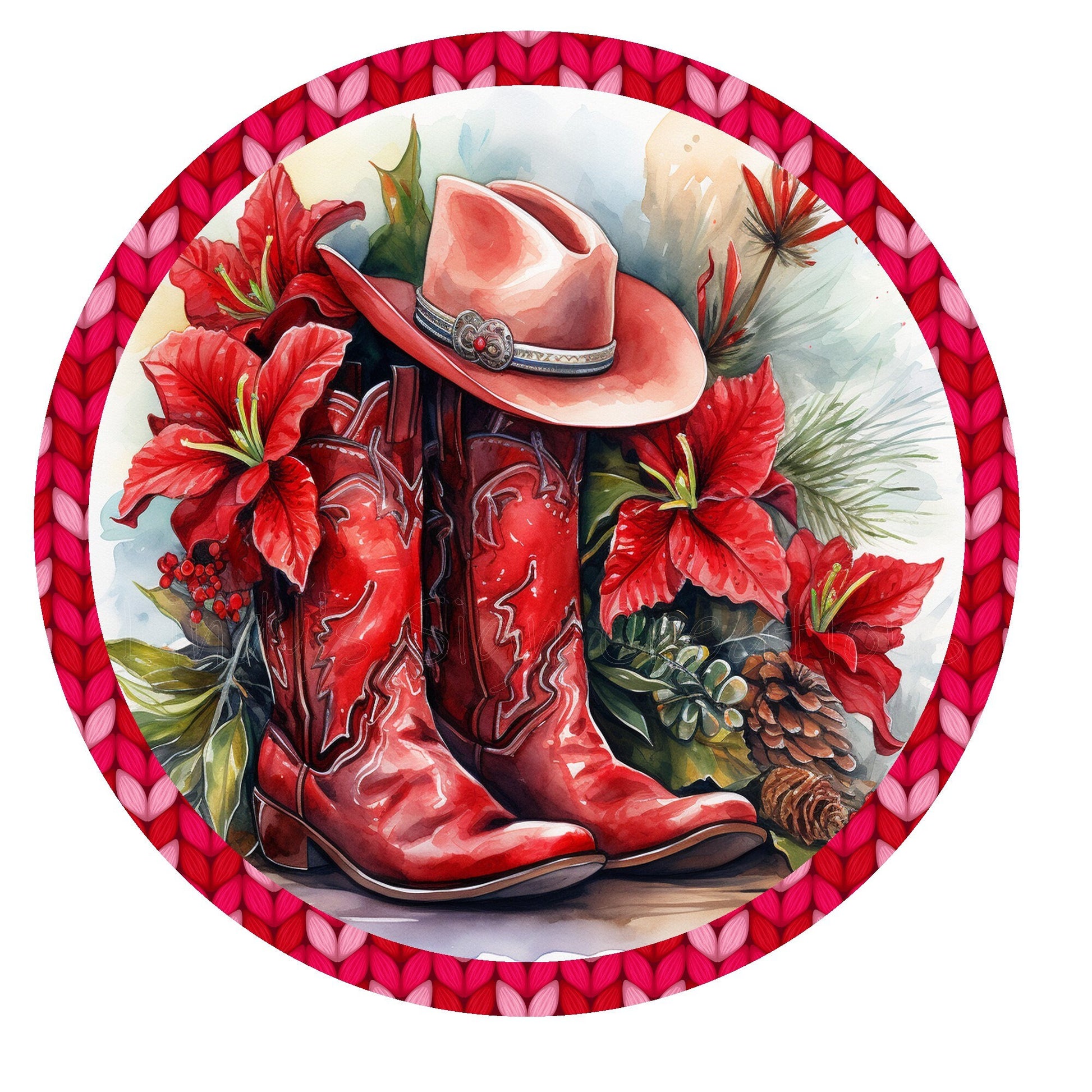 Red cowboy boots Christmas wreath sign, metal wreath sign, round wreath sign, door decor, Lindys sign creations