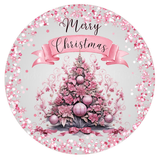 Pink Christmas tree wreath sign, Merry Christmas wreath sign, round wreath sign, door decor, Lindys sign creations