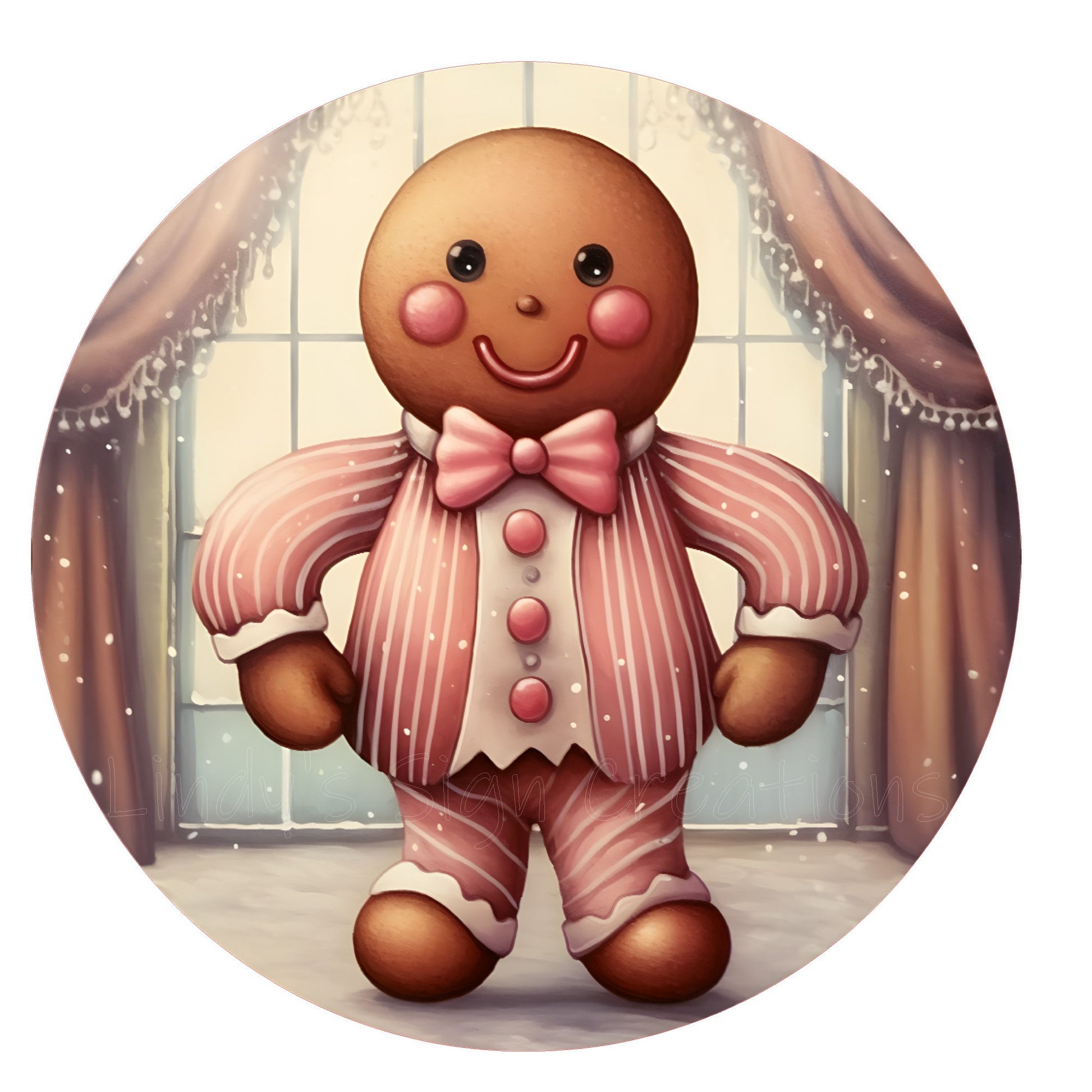 Pink striped gingerbread man wreath sign, metal wreath sign, round wreath sign, home decor, Lindys sign creations