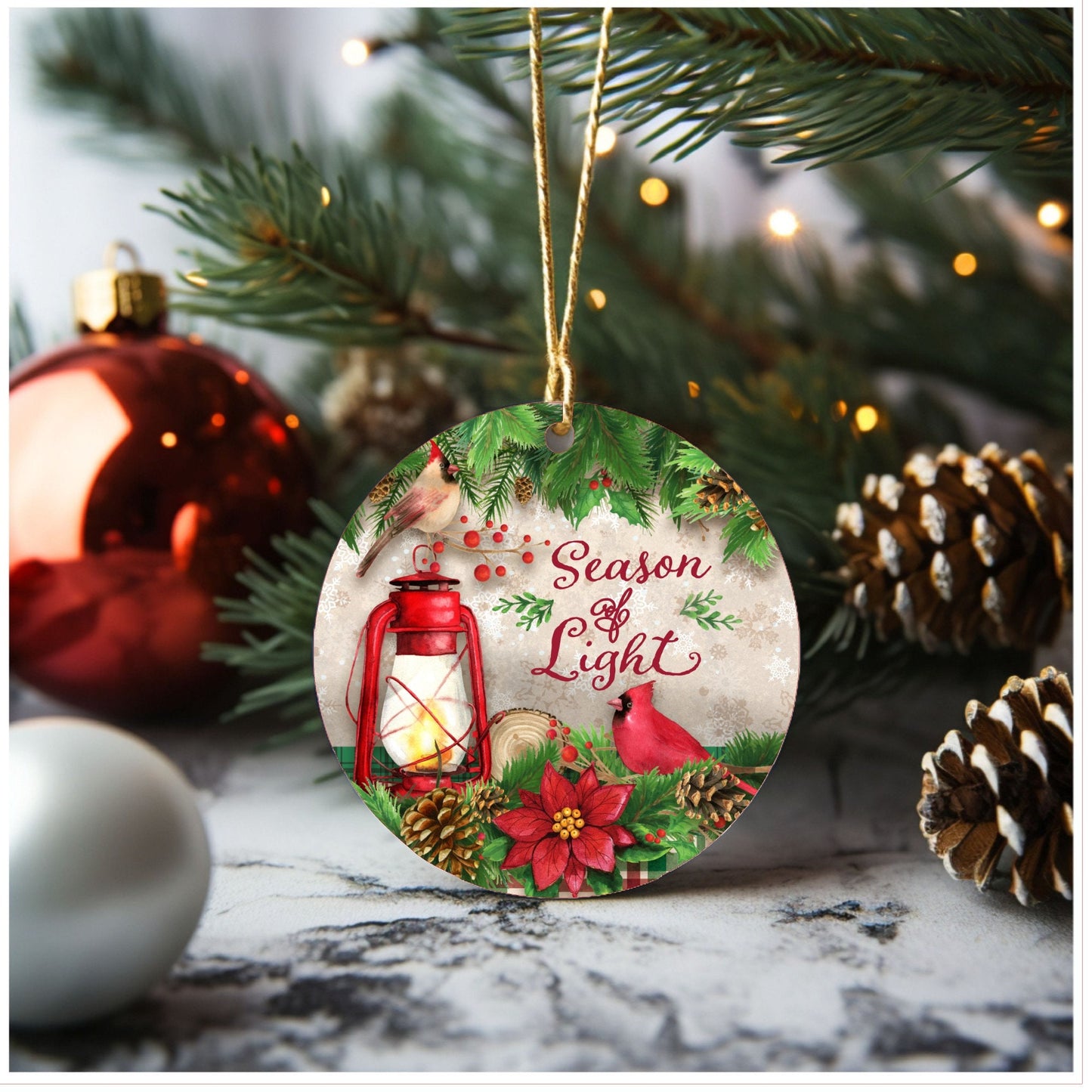 Cardinal season of light Christmas ornament, ceramic ornament, grab bag gift, stocking stuffer, Lindys sign creations