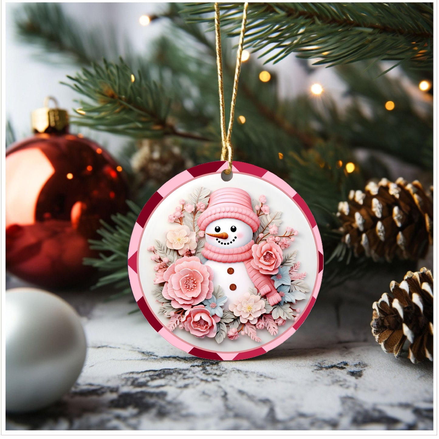 Pink snowman Christmas ornament, ceramic ornament, grab bag gift, stocking stuffer, Lindys sign creations