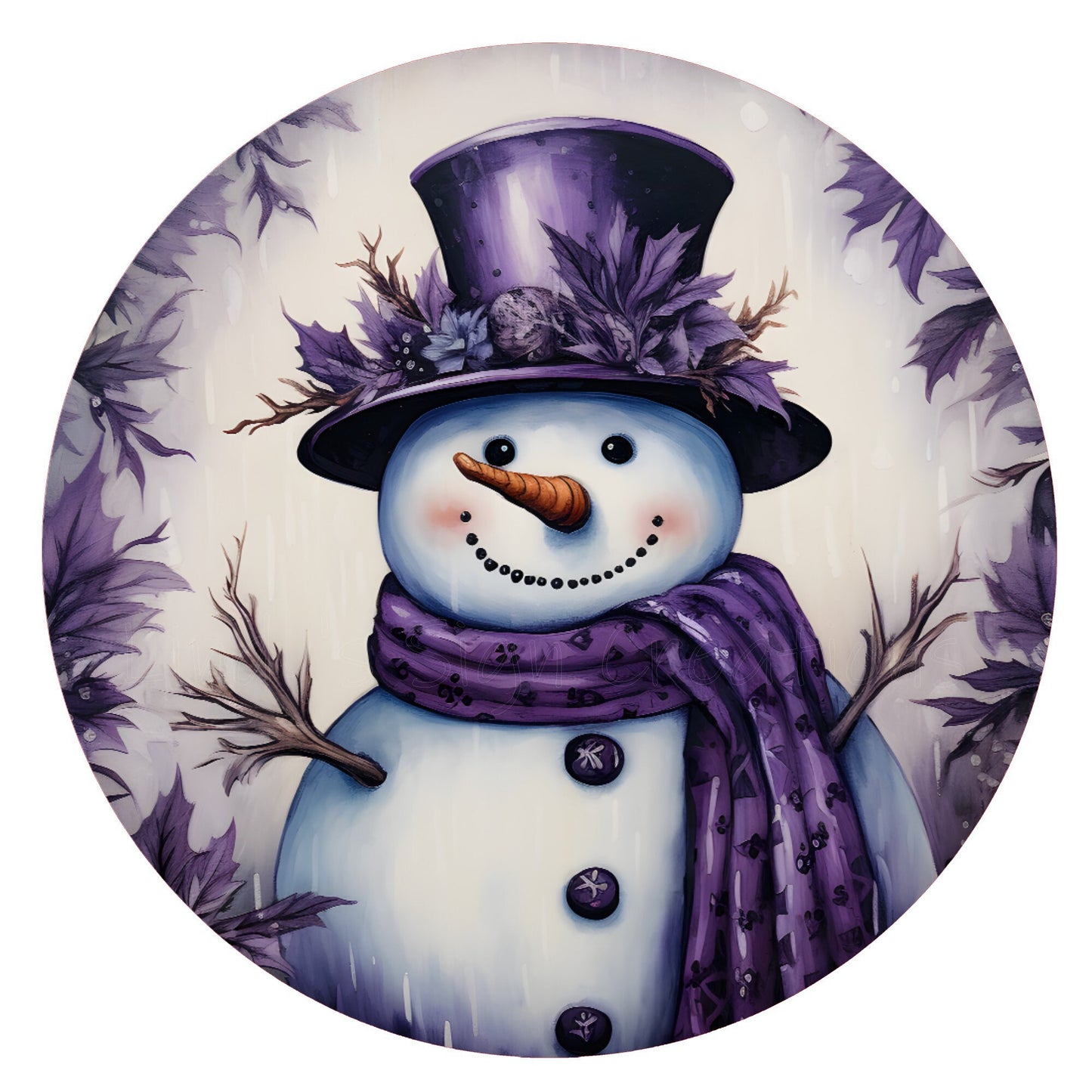 Purple snowman wreath sign, metal wreath sign, round wreath sign, door decor, Lindys sign creations