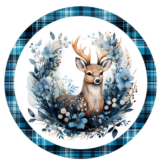 Deer surrounded by blue flowers wreath sign, metal wreath sign, round wreath sign, home decor, Lindys sign creations