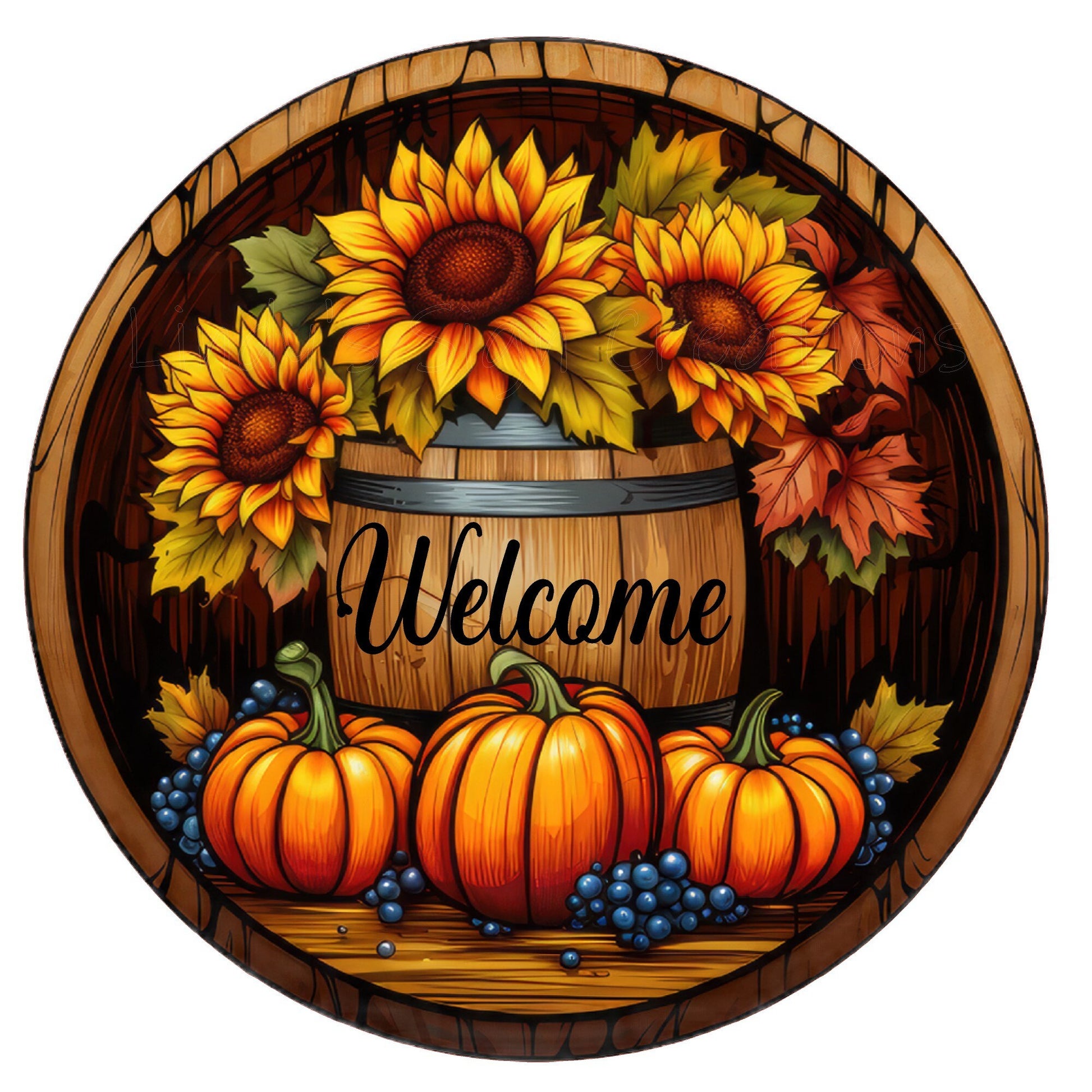 Round pumpkin and sunflower welcome wreath sign, metal wreath sign, door decor, Lindys sign creations