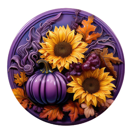 Purple pumpkin and sunflowers wreath sign, round wreath sign, metal wreath sign, door decor, Lindys sign creations