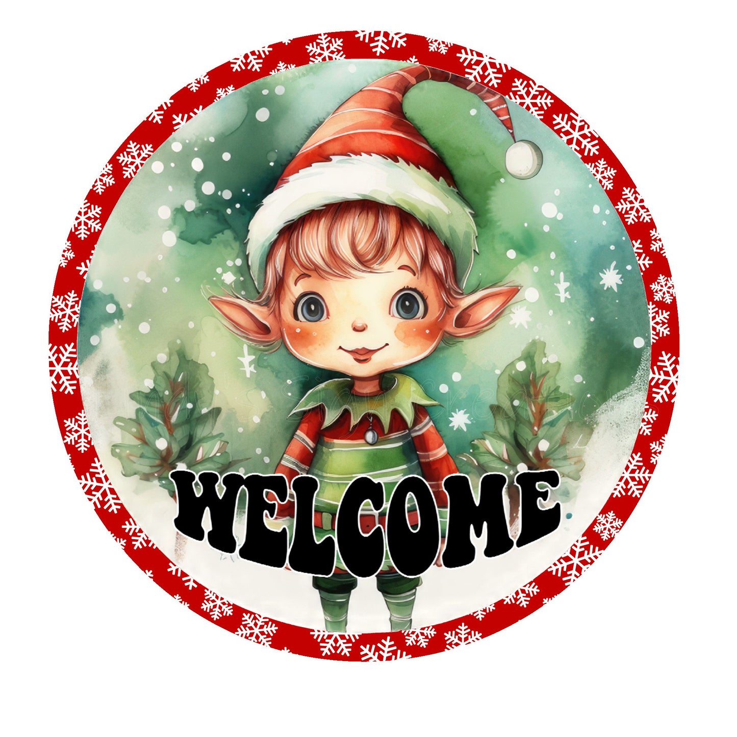 Cute elf welcome wreath sign, metal wreath sign, holiday wreath sign, round wreath sign, door decor, Lindys sign creations