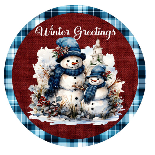 Winter greetings snowman wreath sign, metal wreath sign, round wreath sign, door decor, Lindys sign creations