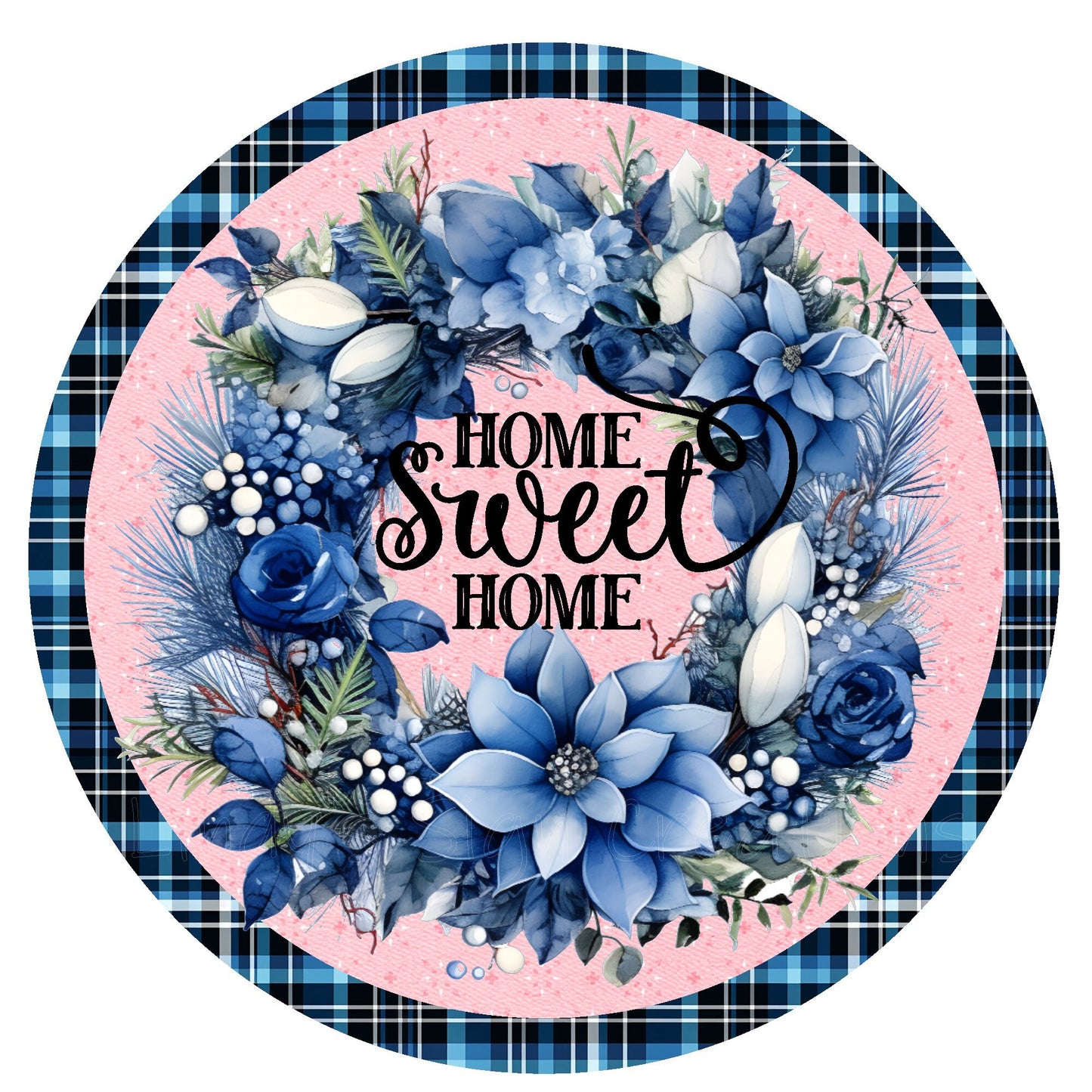 Blue and pink Christmas home sweet home wreath sign, metal wreath sign, round wreath sign, door decor, Lindys sign creations