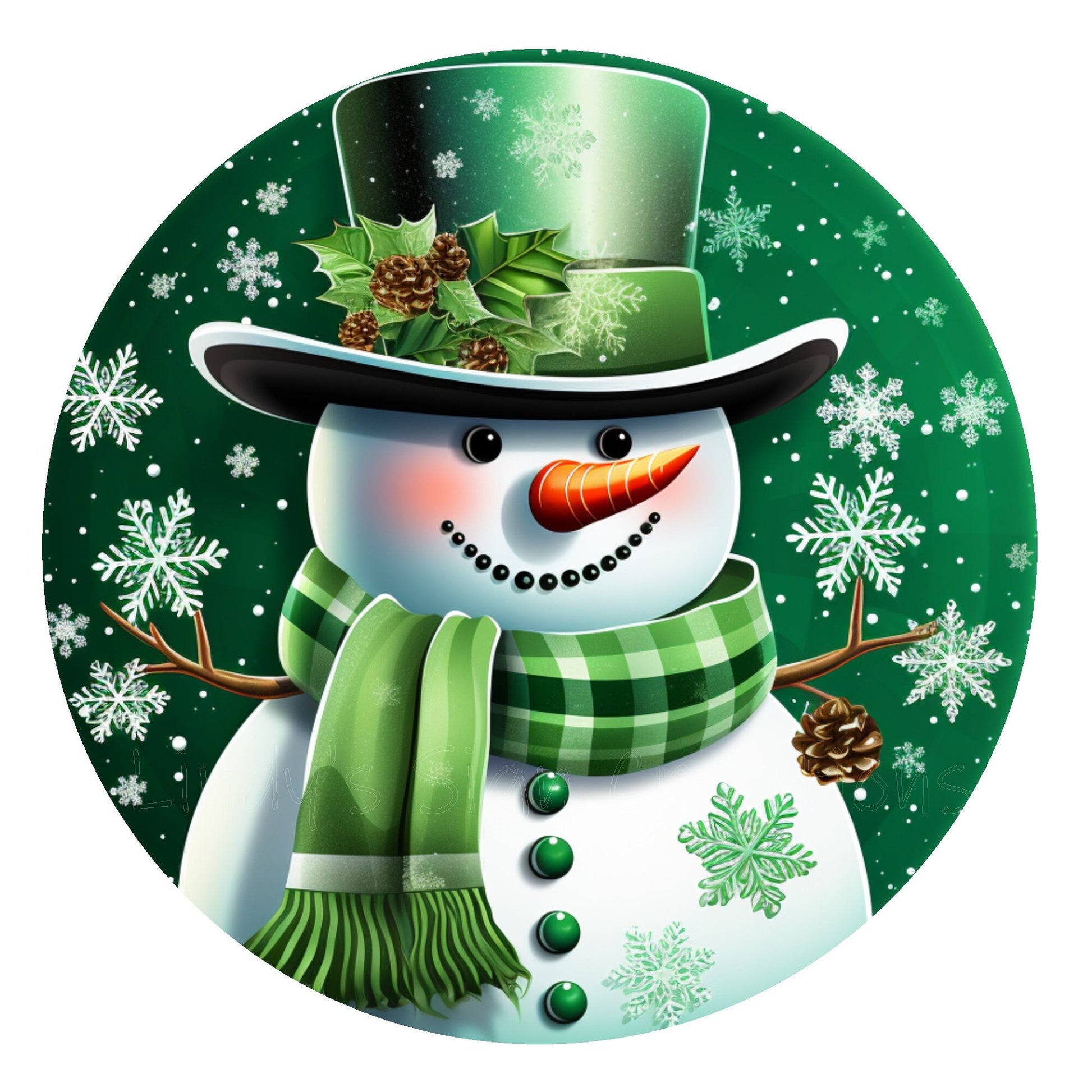 Green snowman wreath sign, metal wreath sign, round wreath sign, door decor, Lindys sign creations