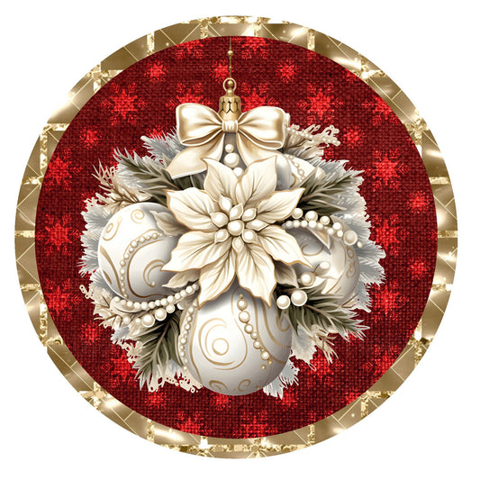 Ivory ornament with poinsettia wreath sign, Christmas wreath sign, metal wreath sign, door decor, round wreath sign, Lindys sign creations