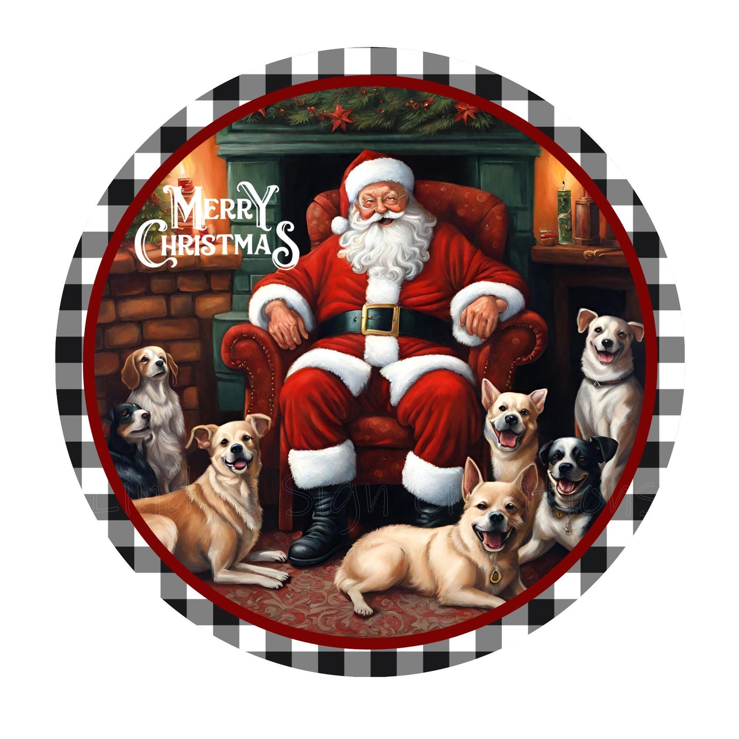 Santa with dogs wreath sign, metal wreath sign, Merry Christmas sign, round wreath sign, Lindys sign creations