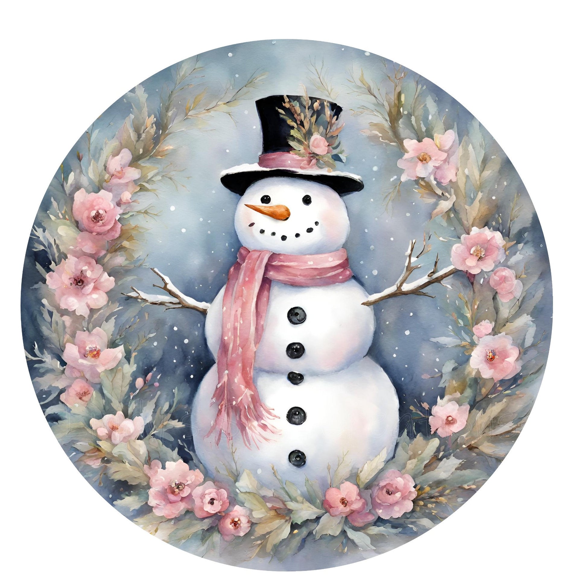 Snowman pink floral wreath sign, winter wreath sign, metal wreath sign, door decor, round wreath sign, Lindys sign creations