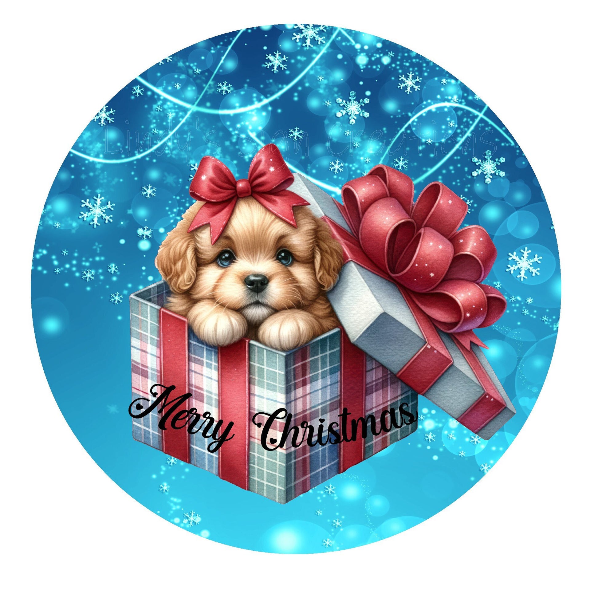 Merry Christmas puppy wreath sign, metal wreath sign, round wreath sign, door decor, Lindys sign creations