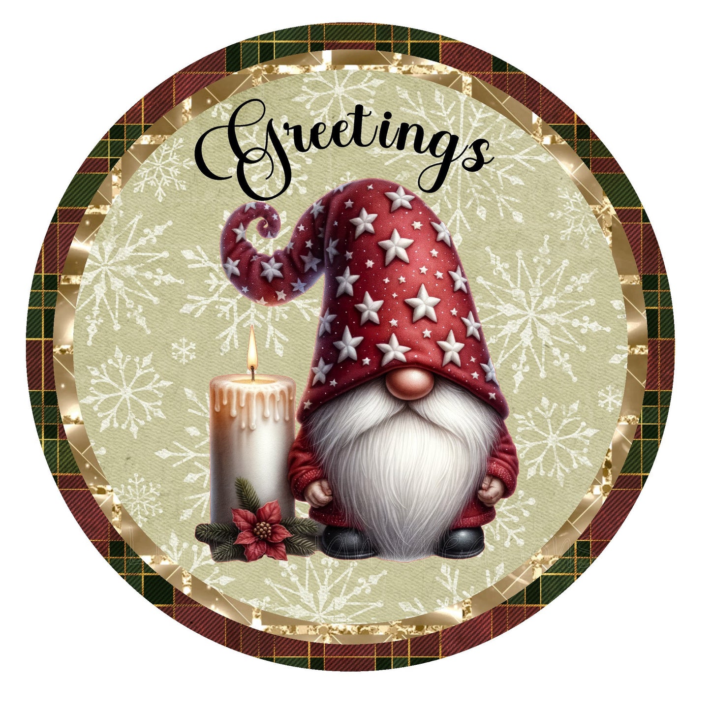 Greetings gnome Christmas wreath sign, metal wreath sign, round wreath sign, door decor, Lindys sign creations