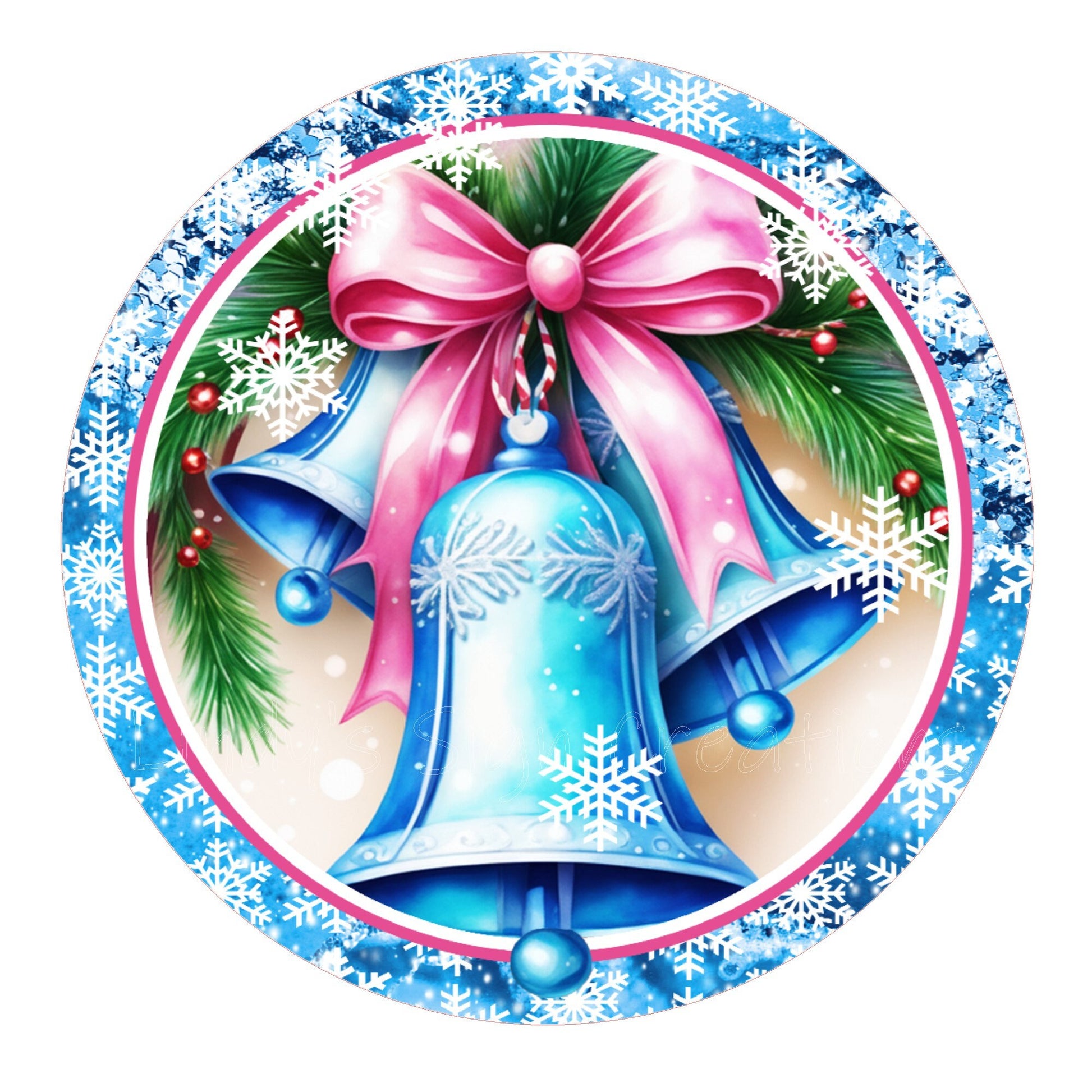 Blue and pink Christmas bells wreath sign, metal wreath sign, round wreath sign, door decor, Lindys sign creations