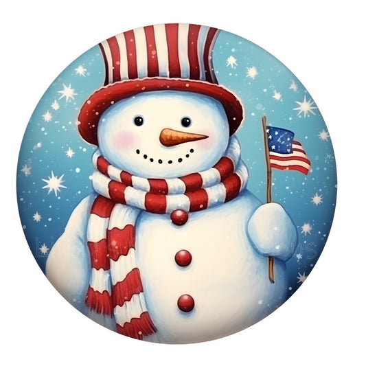 Snowman holding American flag wreath sign, metal wreath sign, round wreath sign, Lindys sign creations