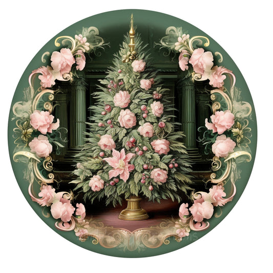 Green and pink victorian Christmas tree wreath sign, metal wreath sign, round wreath sign, Lindys sign creations