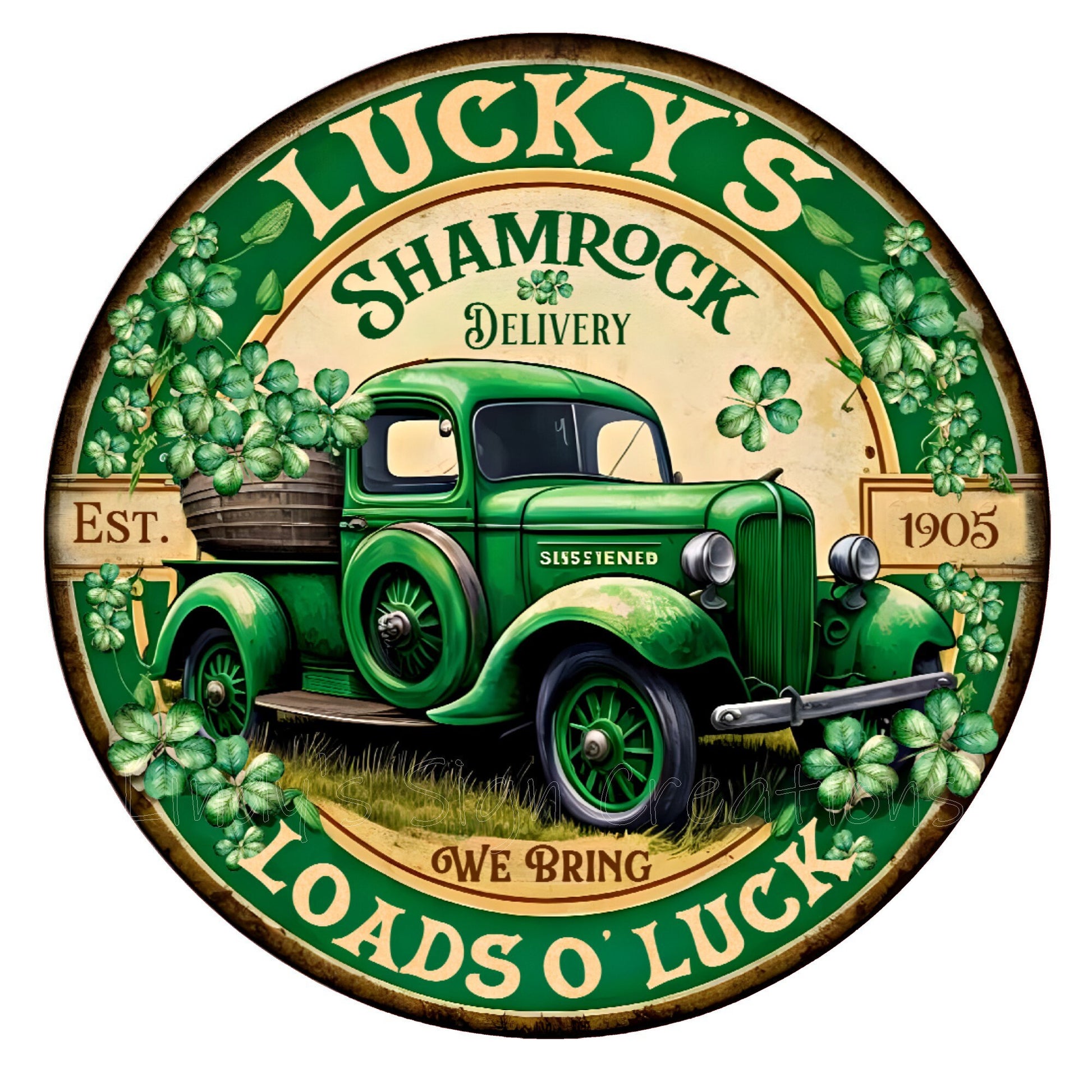 Lucky's shamrock delivery St. Patrick Day wreath sign, metal wreath sign, round wreath sign, door decor, Lindys sign creations