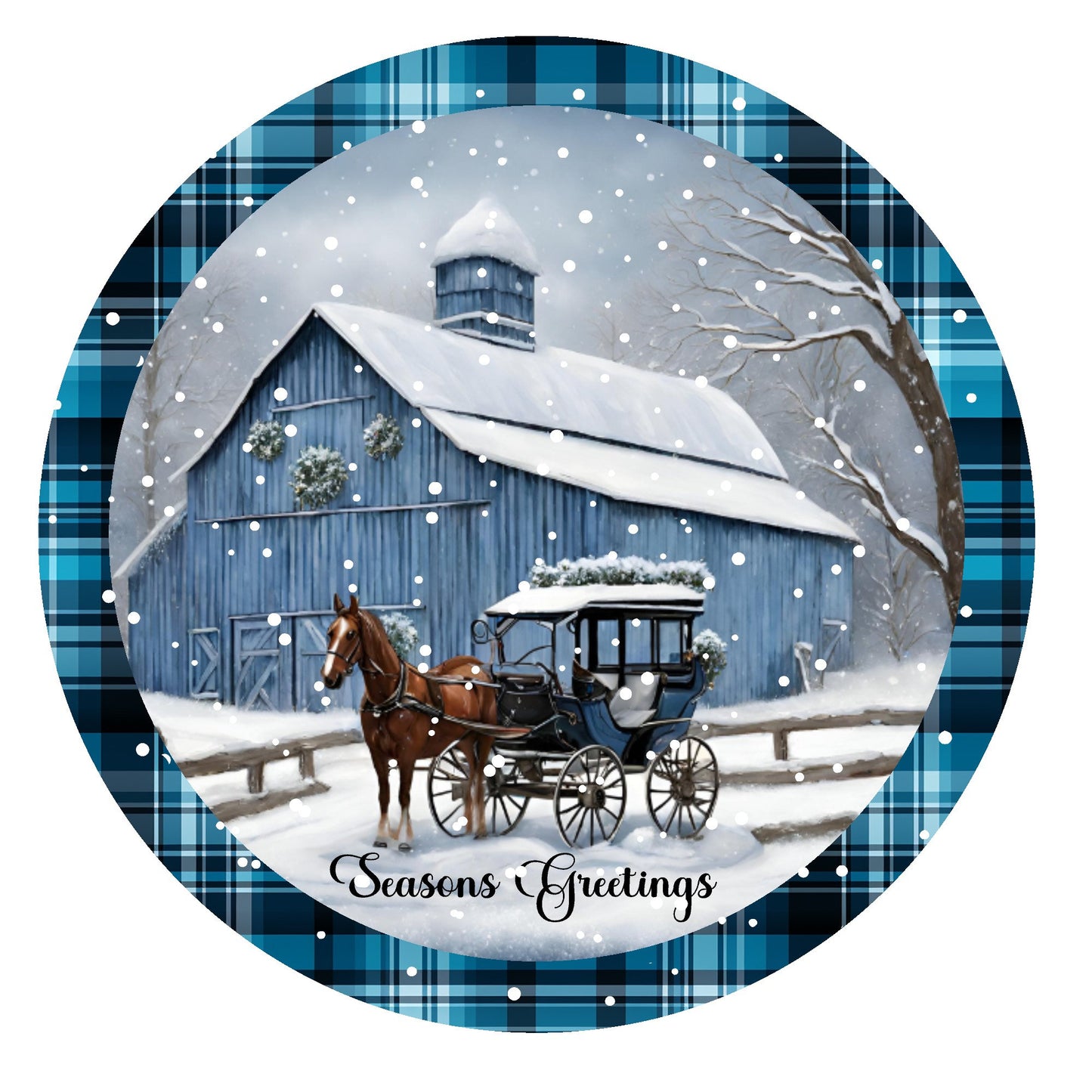 Seasons greetings blue barn, horse and carriage wreath sign, metal wreath sign, round wreath sign, Lindys sign creations