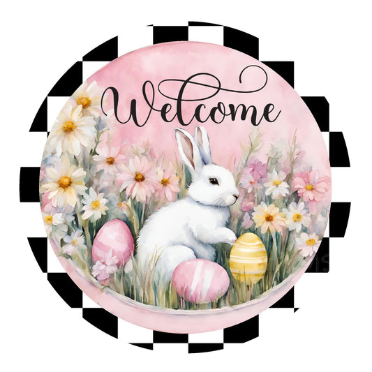 Welcome bunny with eggs wreath sign, spring wreath sign, metal wreath sign, round wreath sign, Lindys sign creations