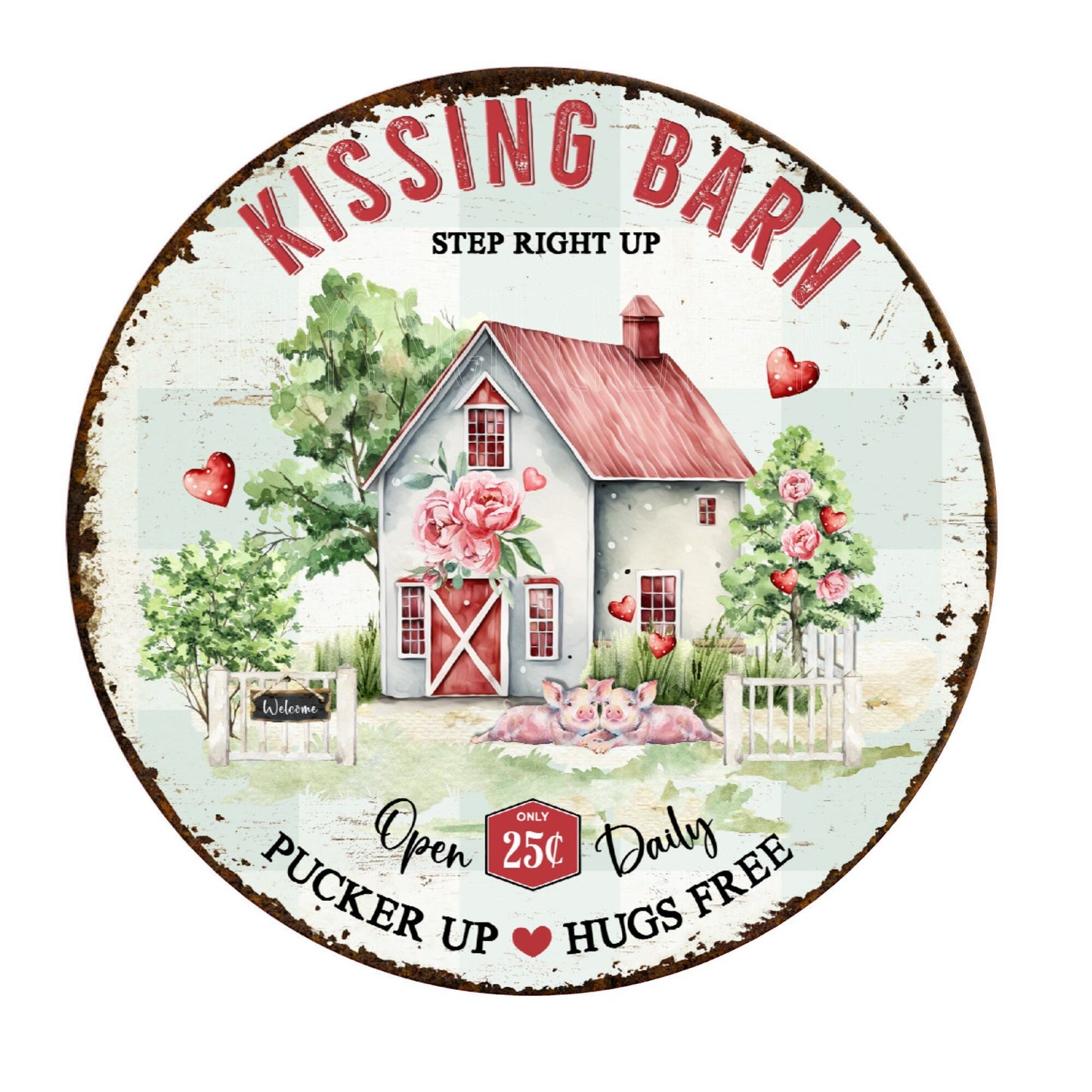 Kissing barn Valentine's Day wreath sign, metal wreath sign, round wreath sign, door decor, Lindys sign creations