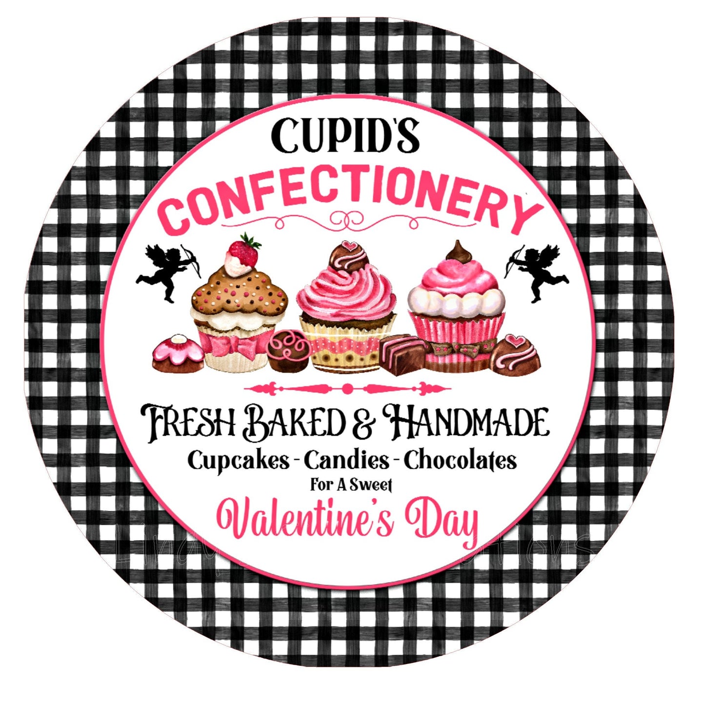 Cupids Confectionery Valentine's Day wreath sign, metal wreath sign, round wreath sign, door decor, Lindys sign creations