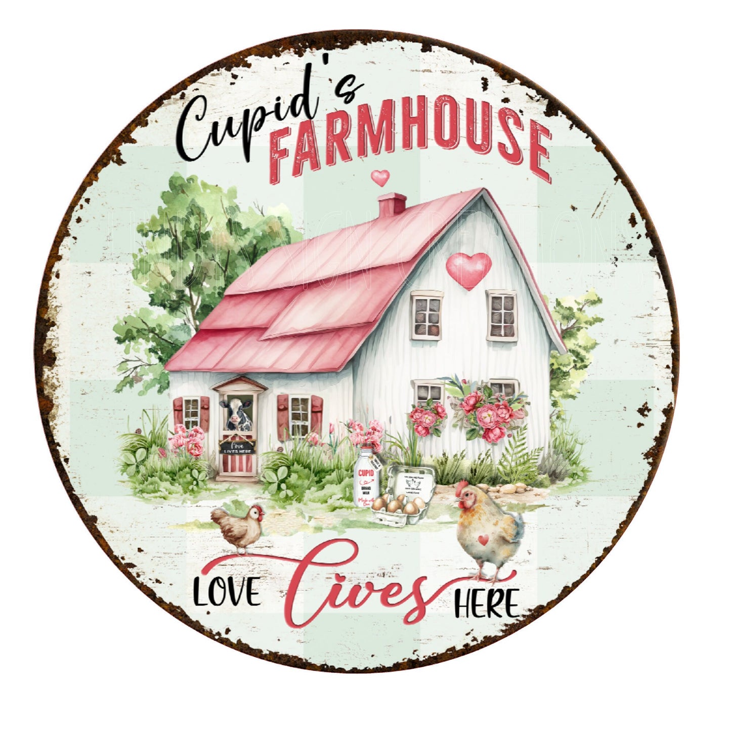 Cupids farmhouse Valentine's Day wreath sign, metal wreath sign, round wreath sign, door decor, Lindys sign creations