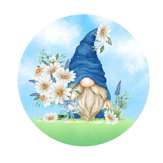 Blue gnome with daisies wreath sign, metal wreath sign, round wreath sign, door decor, Lindys sign creations