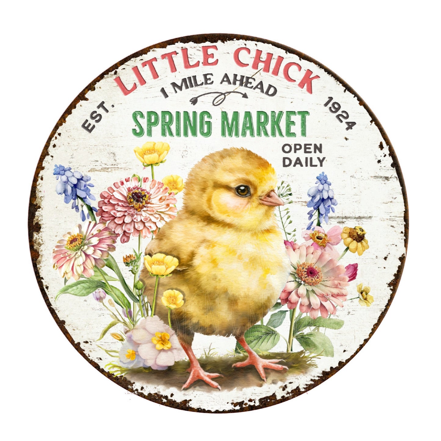 Little chick spring market wreath sign, metal wreath sign, round wreath sign, door decor, Lindys sign creations