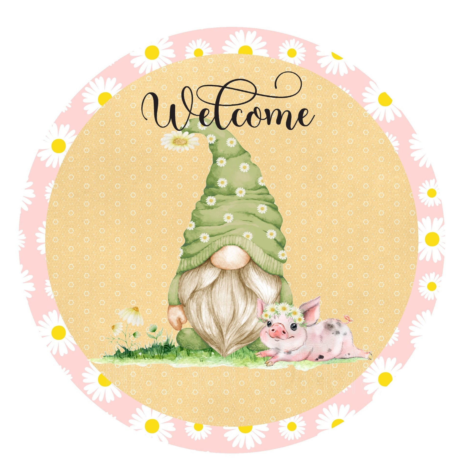 Welcome gnome with piglet wreath sign, metal wreath sign, round wreath sign, door decor, Lindys sign creations