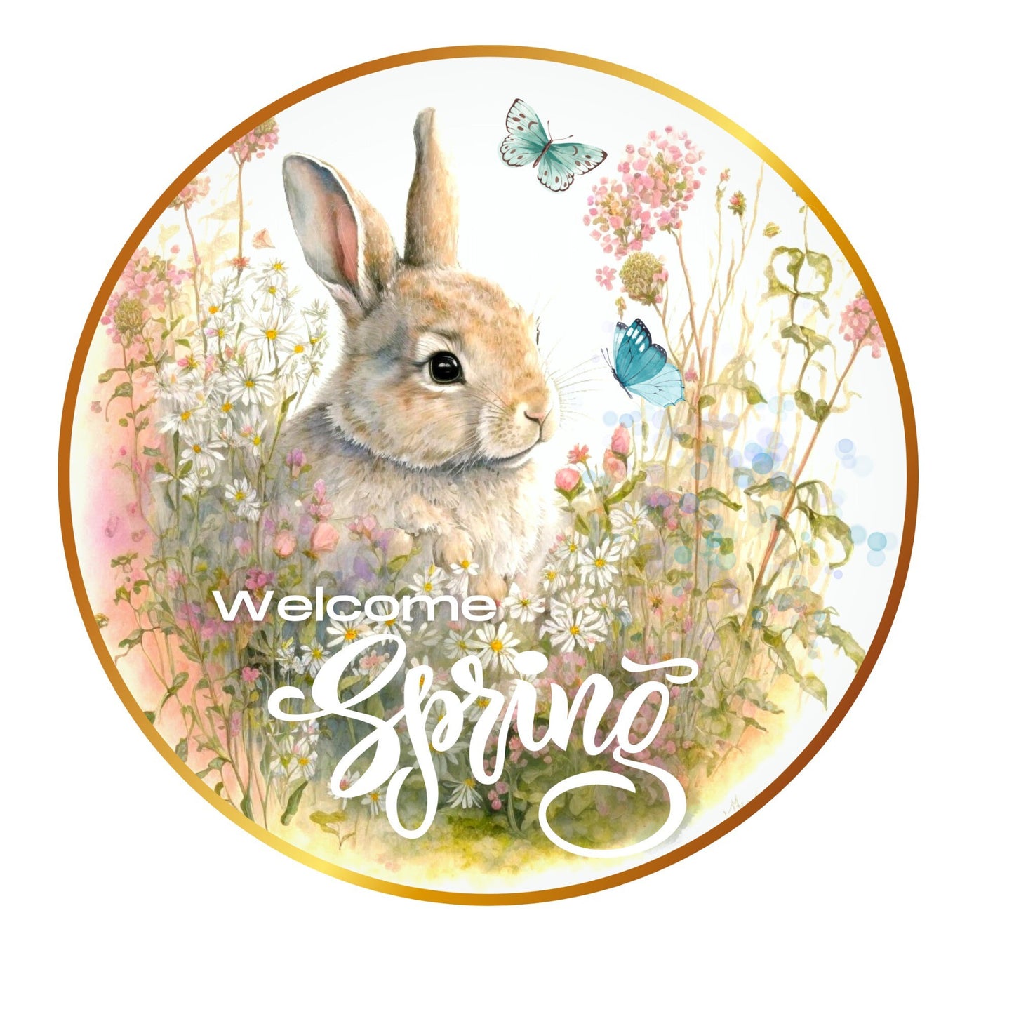 Welcome spring bunny wreath sign, metal wreath sign, round wreath sign, door decor, Lindys sign creations