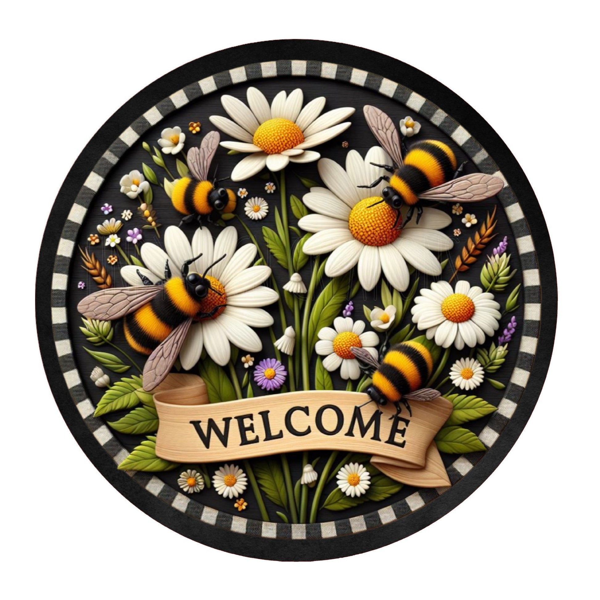 Welcome sign with bees and daisy flowers wreath sign, metal wreath sign, round wreath sign, door decor, Lindys sign creations