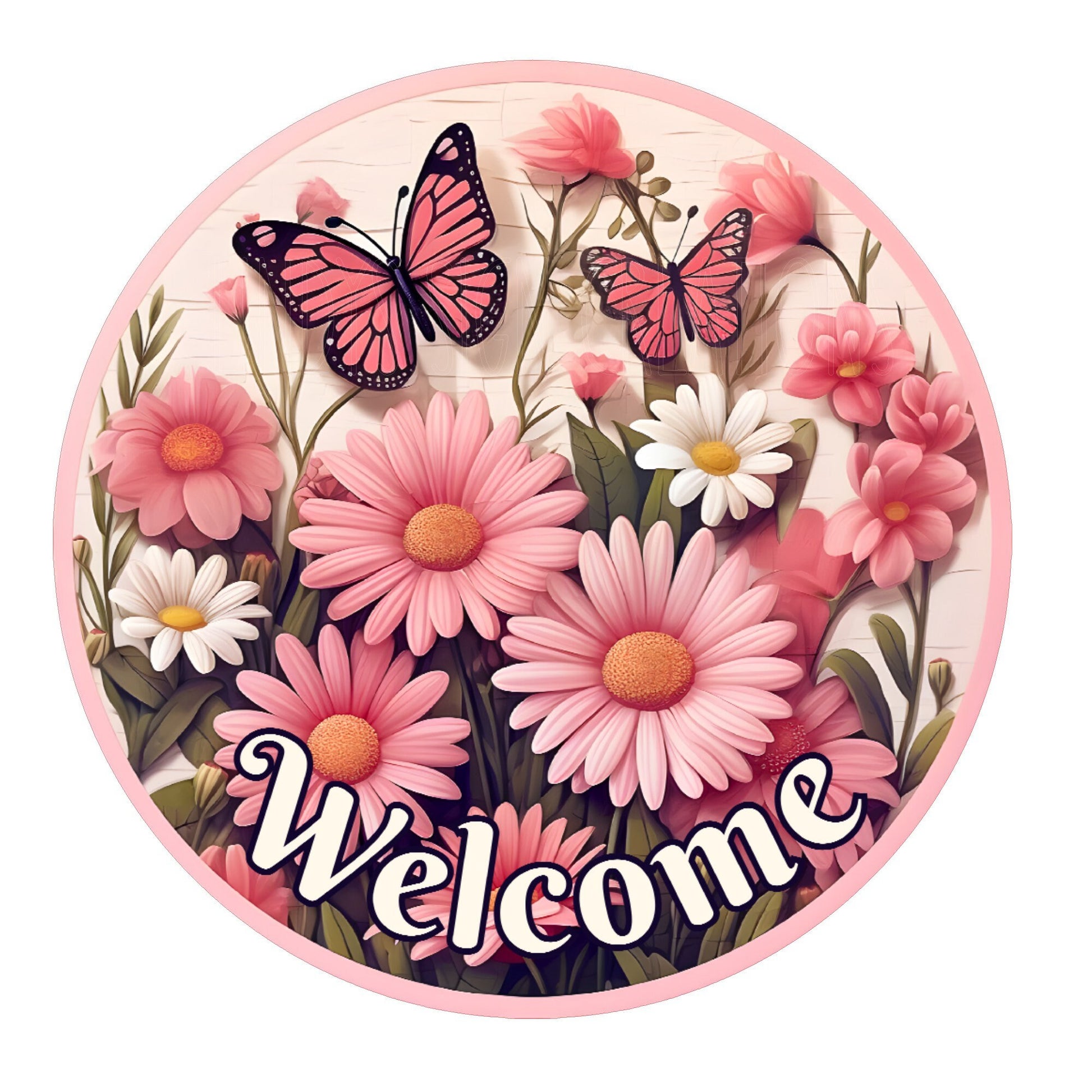 Pink daisy welcome wreath sign, metal wreath sign, round wreath sign, door decor, Lindys sign creations