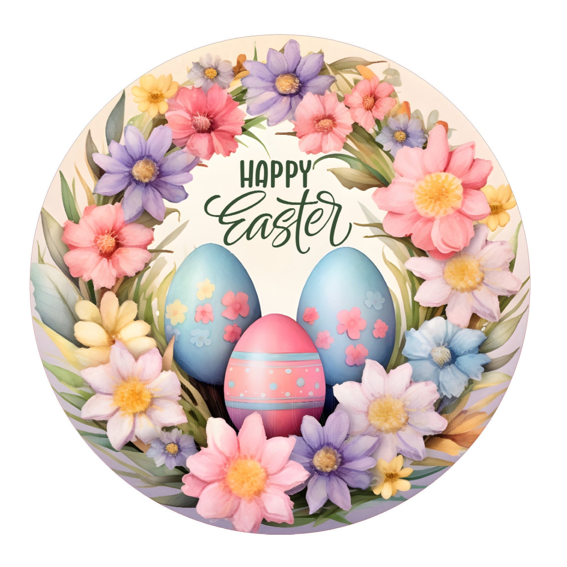 Happy Easter egg and floral wreath sign, metal wreath sign, round wreath sign, door decor, Lindys sign creations