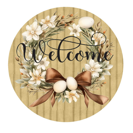 Welcome wreath sign, metal wreath sign, round wreath sign, summer wreath sign, door decor, Lindys sign creations