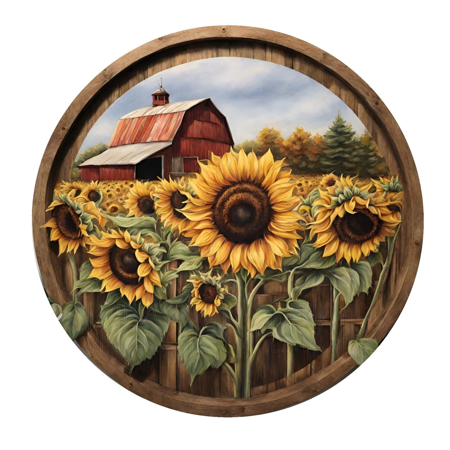 Barn and sunflowers wreath sign, metal wreath sign, round wreath sign, door decor, Lindys sign creations