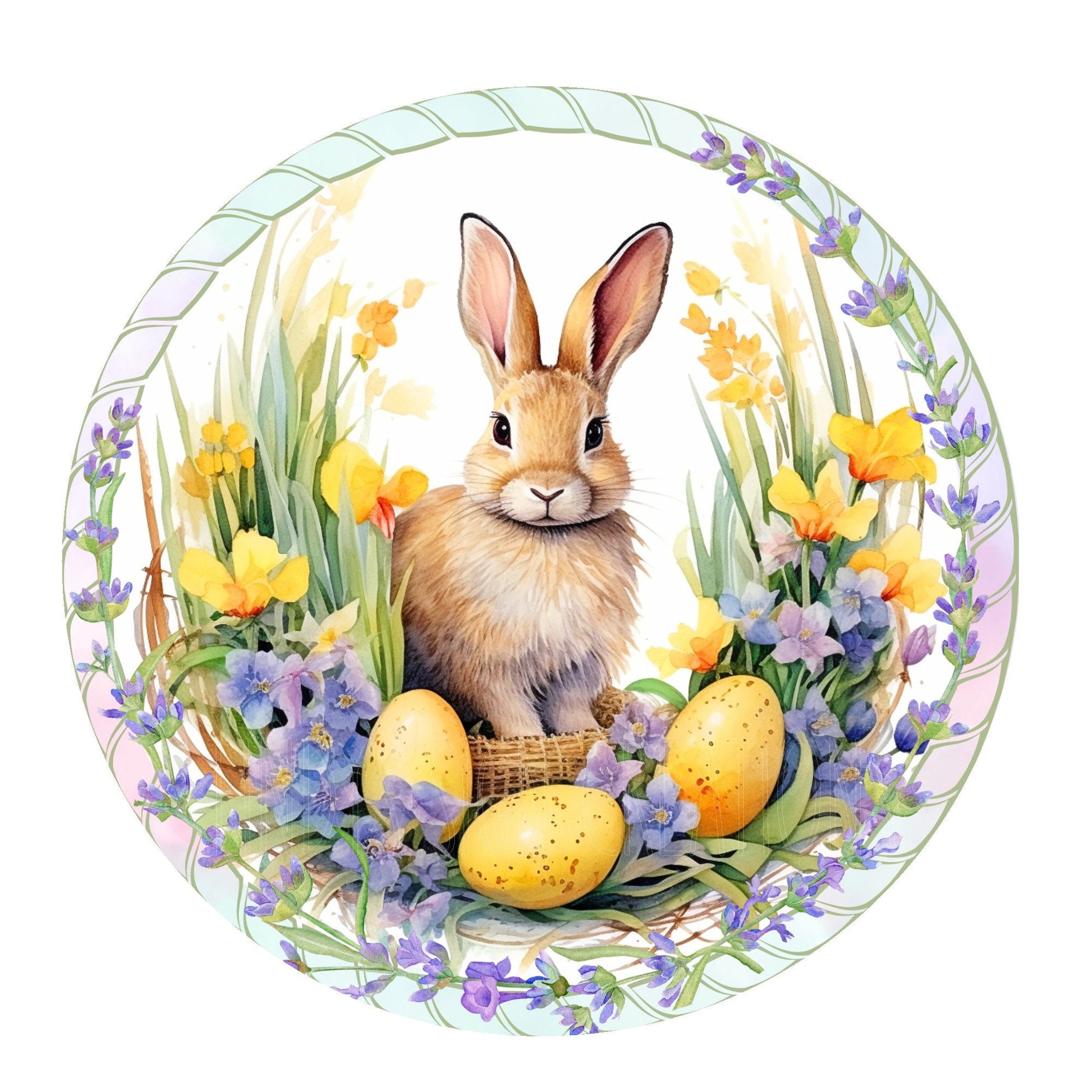 Cute bunny with yellow eggs and flowers wreath sign, metal wreath sign, round wreath sign, Lindys sign creations