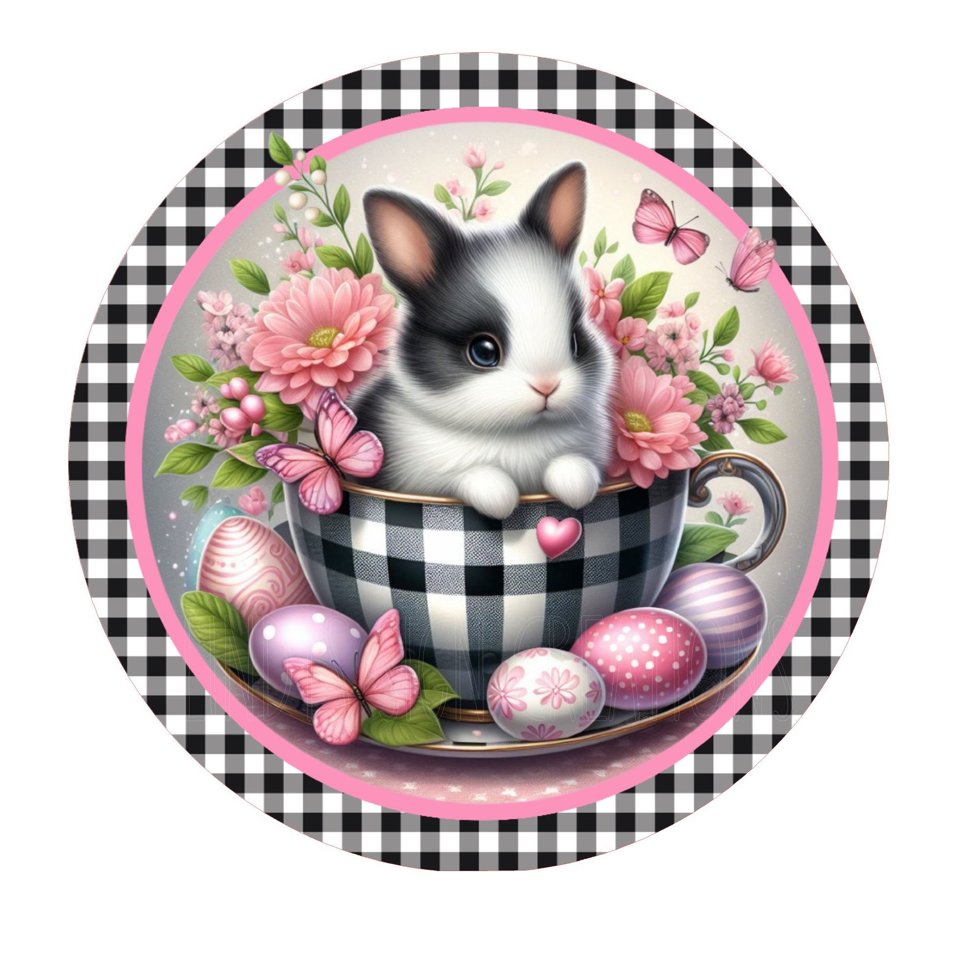 Easter teacup bunny wreath sign, metal wreath sign, round wreath sign, door decor, Lindys sign creations