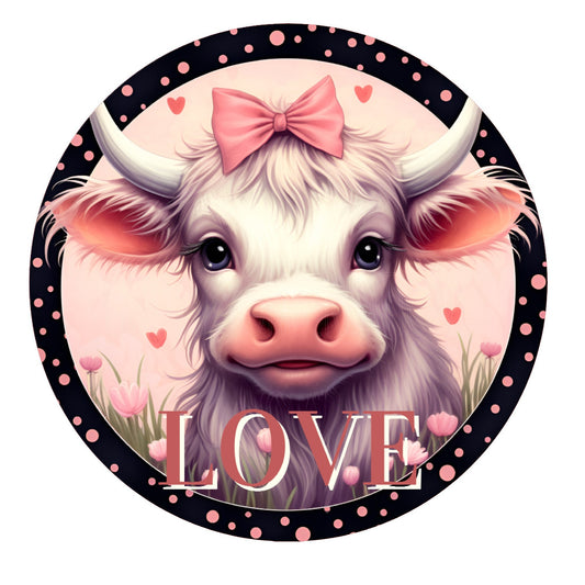 Love cow valentine day wreath sign, metal wreath sign, round wreath sign, door decor, Lindys sign creations